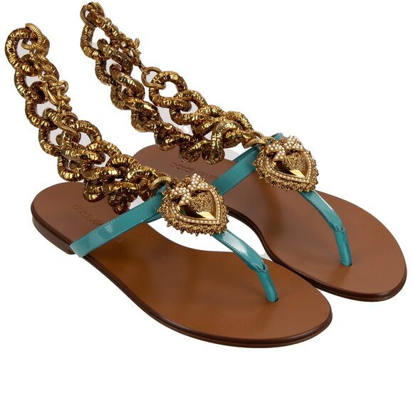 Dolce & Gabbana - DEVOTION Pearl Heart Leather Sandals INFRADITO Chain Blue Gold - Picture 1 of 5
